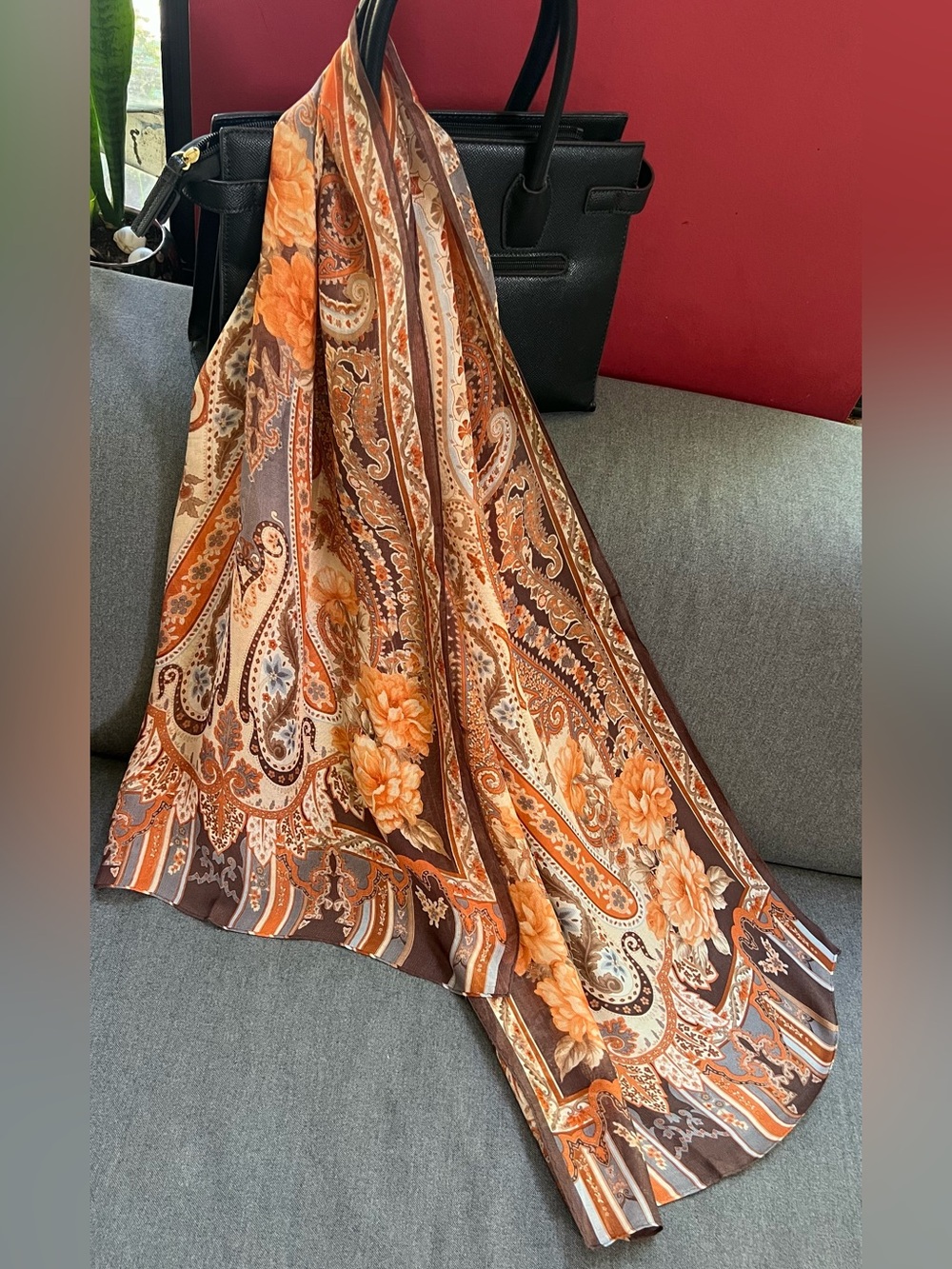 Metrocity Paisley Floral Silk Scarf in Orange Brown Oblong Neckwear 20x62” EUC